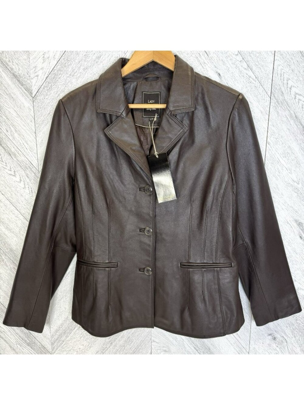 Vintage Y2K Lady Hathaway Brown Leather Blazer Jacket Womens Size Large NEW NWT